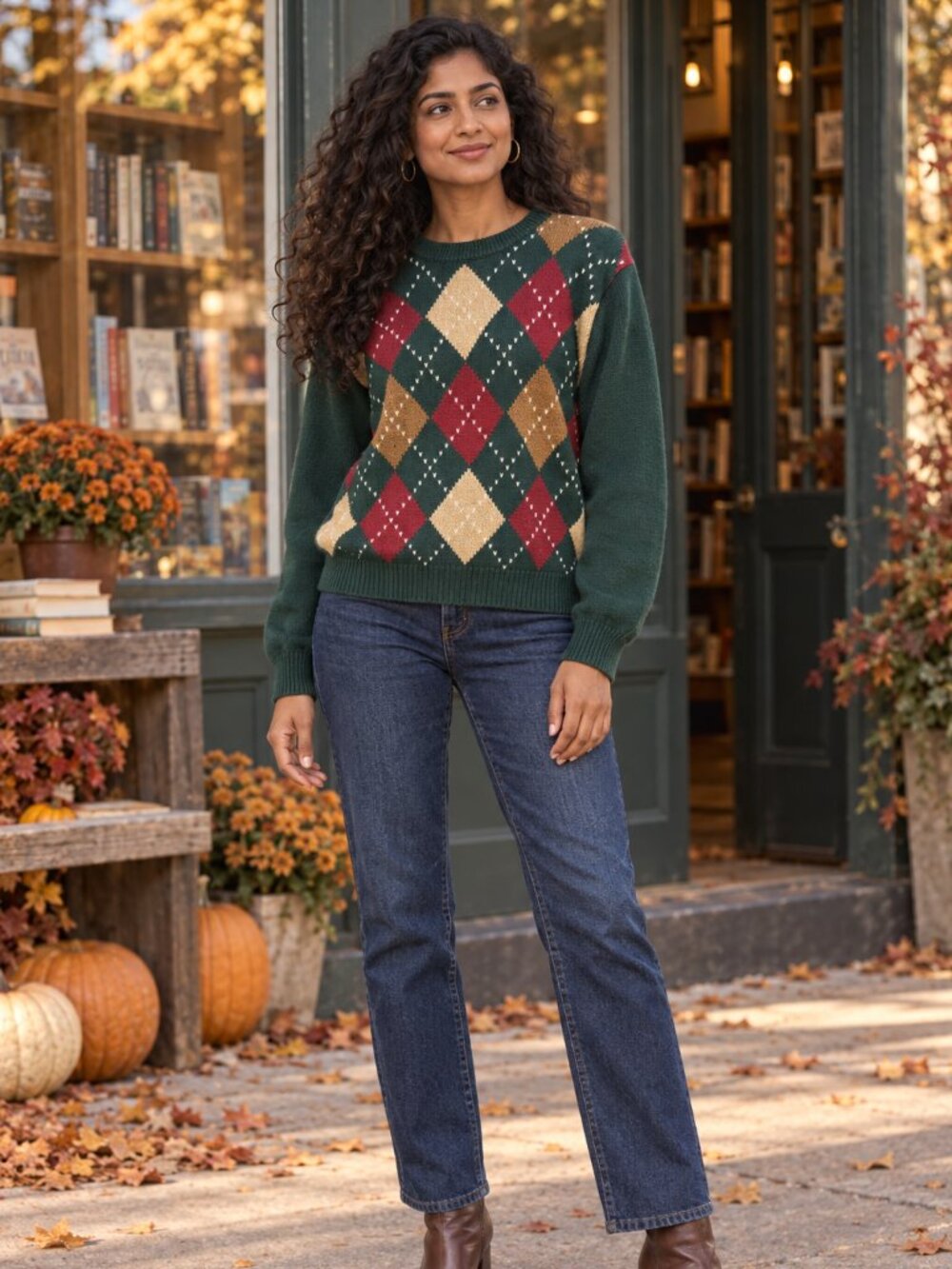 Vintage Lizsport Forest Green Argyle Cotton Sweater Size S